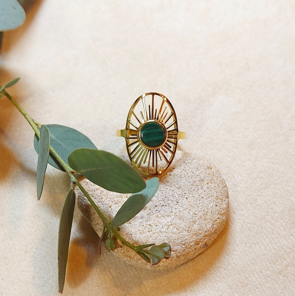 Bague réglable Soleil et Malachite