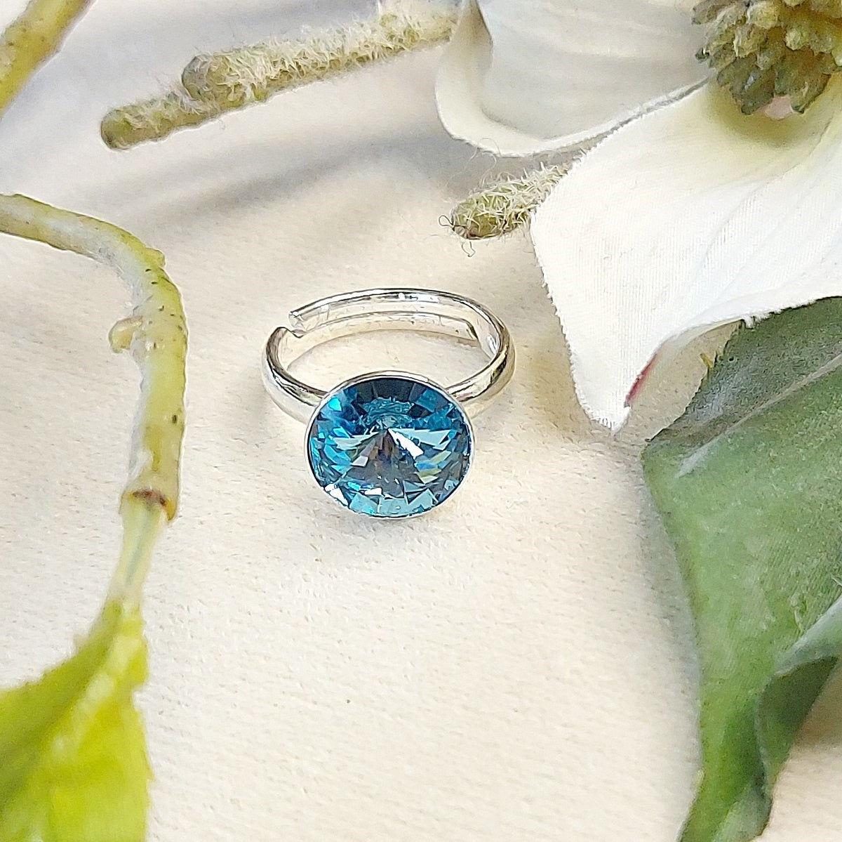 Bague réglable en Argent 925 et cristal Aquamarine